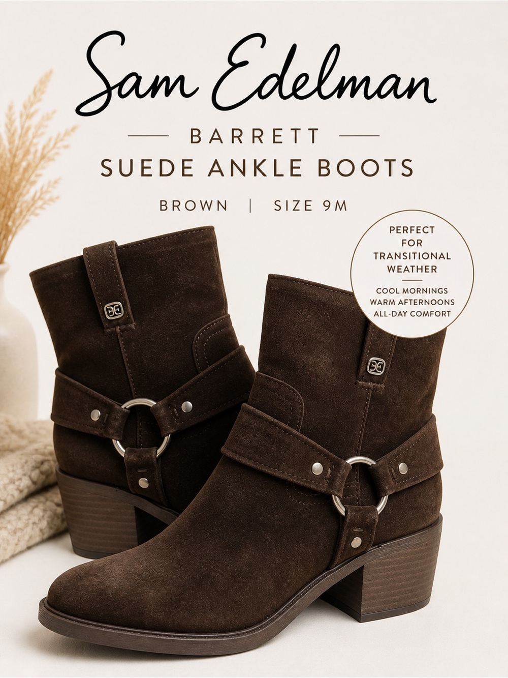 Sam Edelman Barrett Suede Ankle Boots Black Harness Block Heel 9